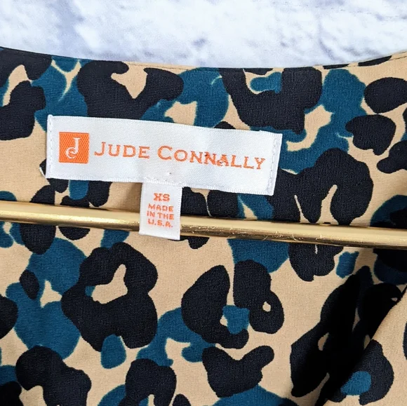 Jude Connally Animal Print Sleeveless Dress XS Tan Teal Black Leopard Cheetah - Picture 4 of 4